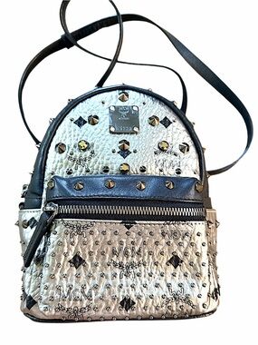 MCM Metallic Silver Studded Mini Backpack with Black Trim